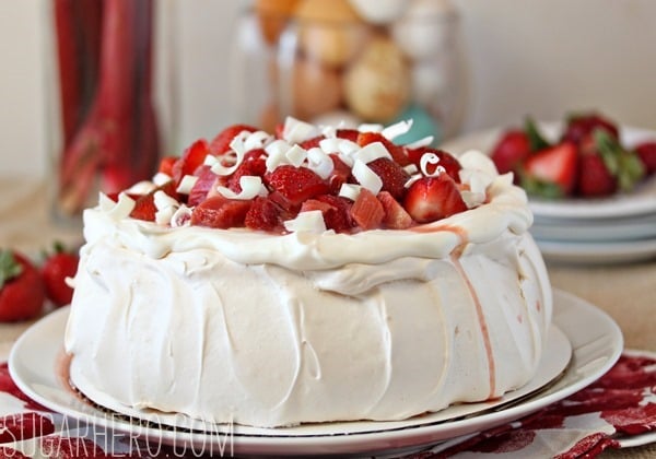 Strawberry Rhubarb Pavlova | SugarHero.com