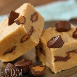 Two pieces of peanut butter cup fudge on plate.