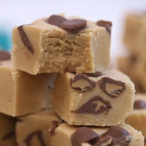 Close up of a stack of Peanut Butter Cup Fudge.