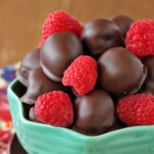 Teal bowl of Chocolate-Covered Raspberries.