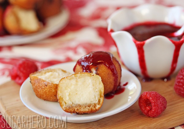 Deep Fried Cheesecake with Raspberry Sauce | SugarHero.com