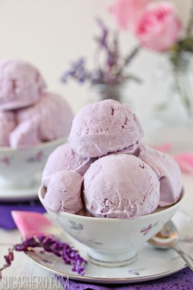 Close up of a bowl of Lavender Rose Ice Cream.