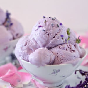 Close up of a bowl of Lavender Rose Ice Cream.