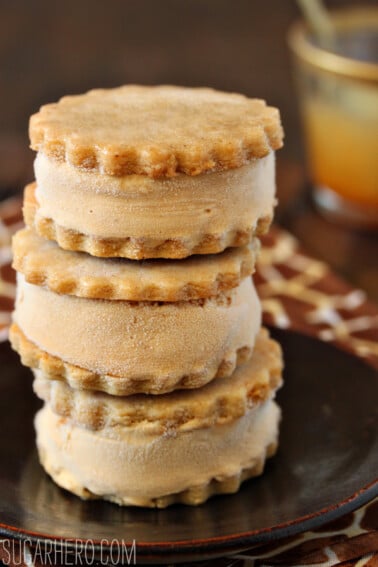3 Salted Caramel Ice Cream Sandwiches stacked one on top of the other.