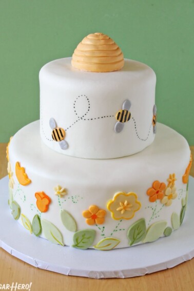 Bumblebee Cake on a white cake plate.