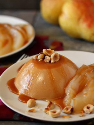 Caramel Panna Cotta with Poached Pears | SugarHero.com