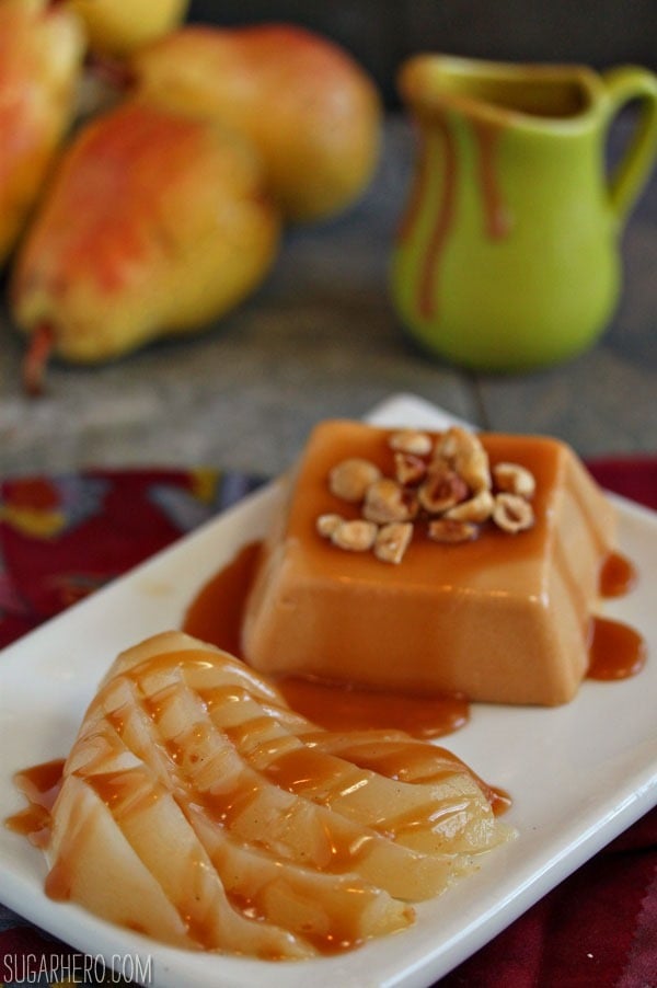 Caramel Panna Cotta with Poached Pears | SugarHero.com