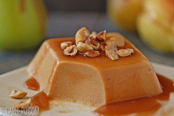 Caramel Panna Cotta with Poached Pears | SugarHero.com