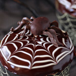 Close up of a chocolate spider on top of a Spiderweb Cupcake.