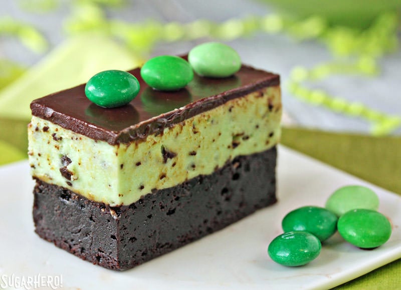 Mint Chocolate Chip Mousse Brownies - fudgy brownies topped with light and fluffy mint chip mousse! | From SugarHero.com