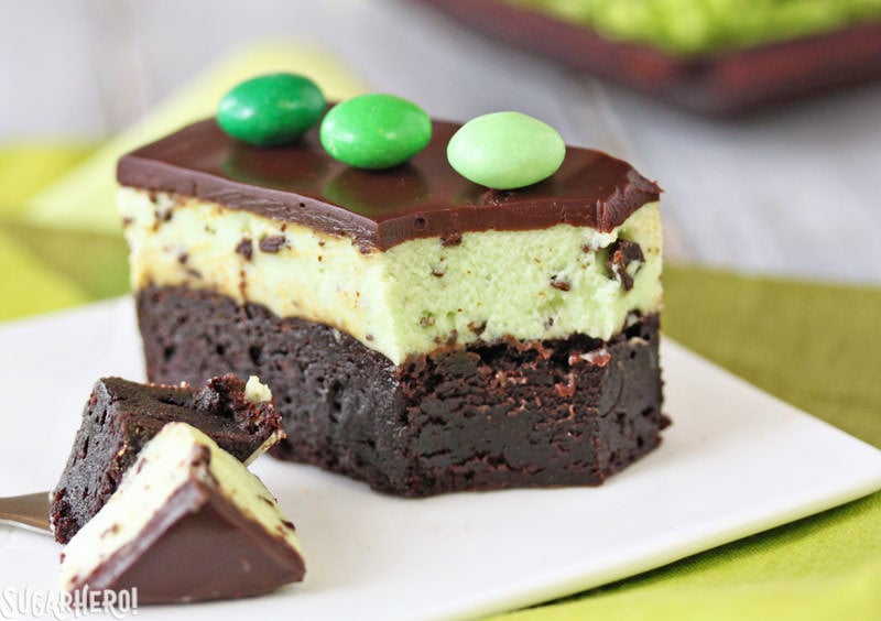 Mint Chocolate Chip Mousse Brownies - fudgy brownies topped with light and fluffy mint chip mousse! | From SugarHero.com