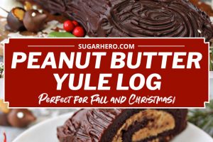 2 photo collage of Peanut Butter Cup Yule Log with text overlay for Pinterest.