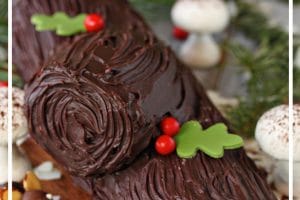 Photo of Peanut Butter Cup Yule Log with text overlay for Pinterest.