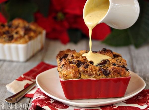 Pannetone Bread Pudding with Eggnog Crème Anglaise | SugarHero.com
