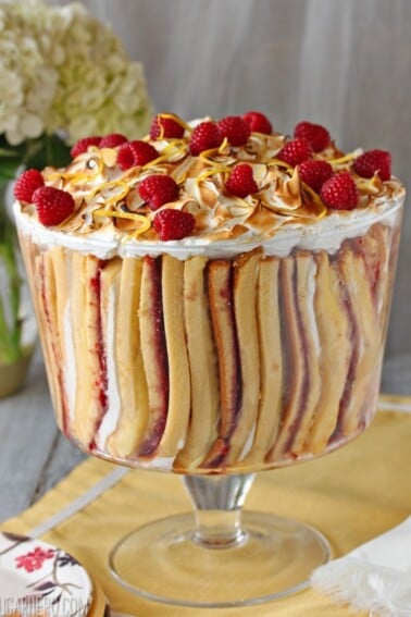 Close up of a Raspberry Lemon Meringue Trifle.