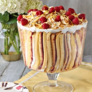 Close up of a Raspberry Lemon Meringue Trifle.