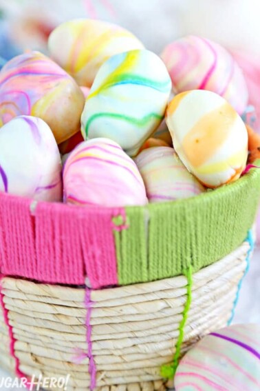 Close up of a bright basket of Marbled Easter Egg Truffles.