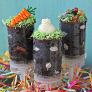 Two push-up pops filled with chocolate cake and topped with bunny ears and a chocolate carrot.