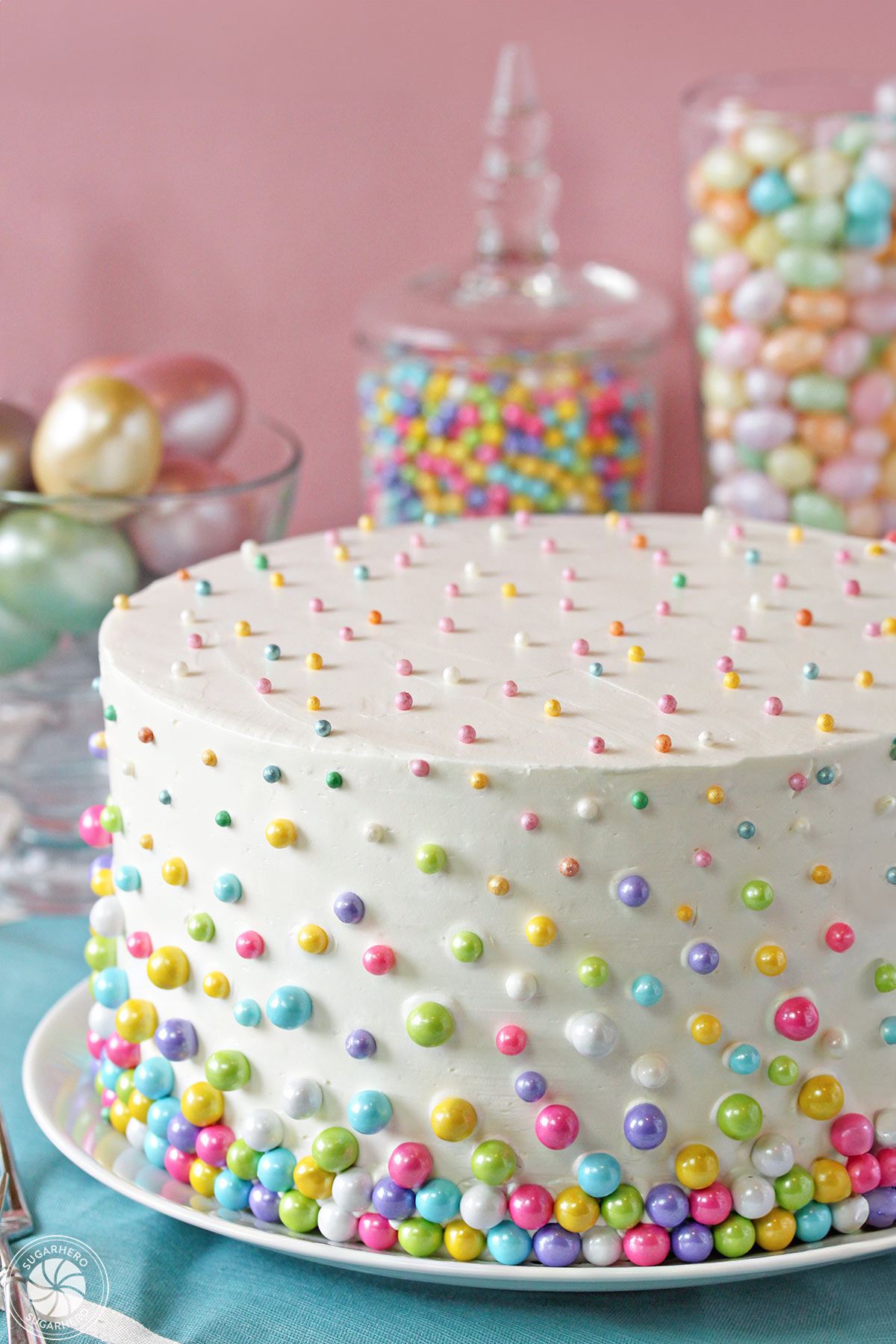 Easter Polka Dot Cake - A picture displaying the polka dots on the outside of the cake. | From SugarHero.com