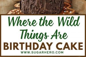 2 photo collage of Where the Wild Things Are Birthday Cake with text overlay for Pinterest.