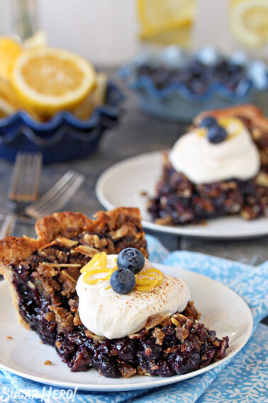 Two slices of blueberry crumble pie topped with whipped cream, fresh blueberries, and lemon zest.