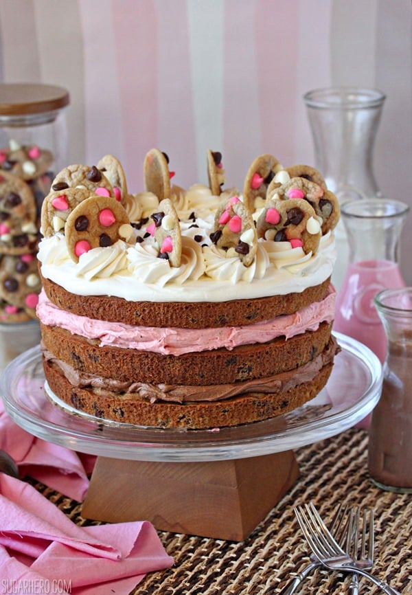 Neapolitan Chocolate Chip Cookie Cake | From SugarHero.com