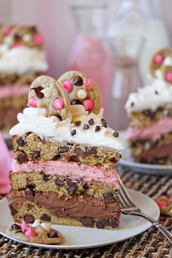 Neapolitan Chocolate Chip Cookie Cake | From SugarHero.com