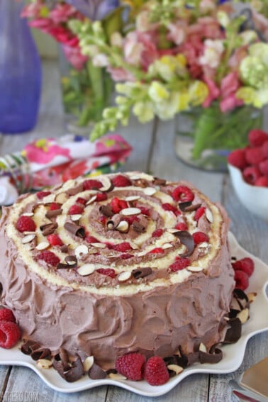 A Raspberry Almond Spiral Cake on a white cake plate.