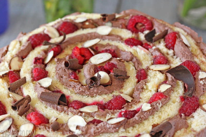 Raspberry Almond Spiral Cake - almond cake, chocolate whipped cream, and berries, rolled into a spiral! | From SugarHero.com