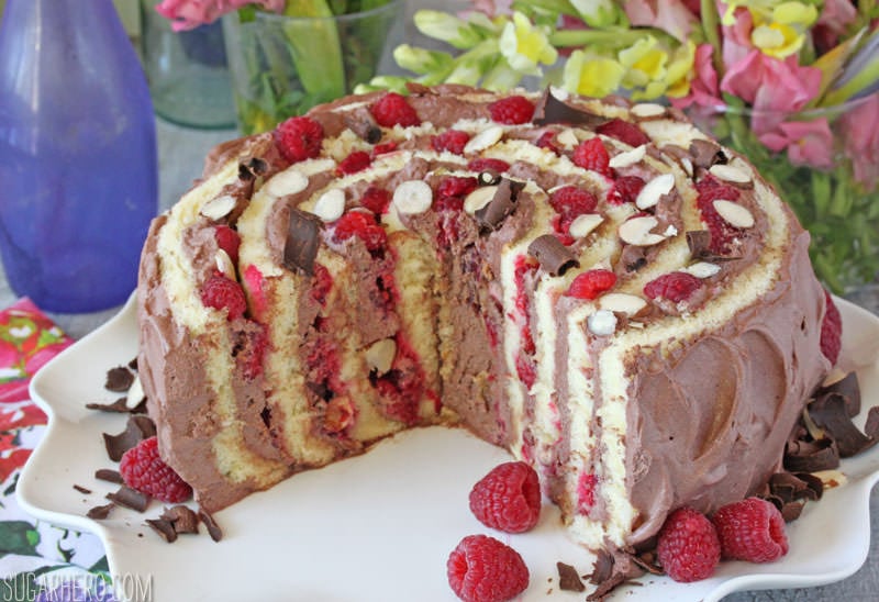 Raspberry Almond Spiral Cake - almond cake, chocolate whipped cream, and berries, rolled into a spiral! | From SugarHero.com