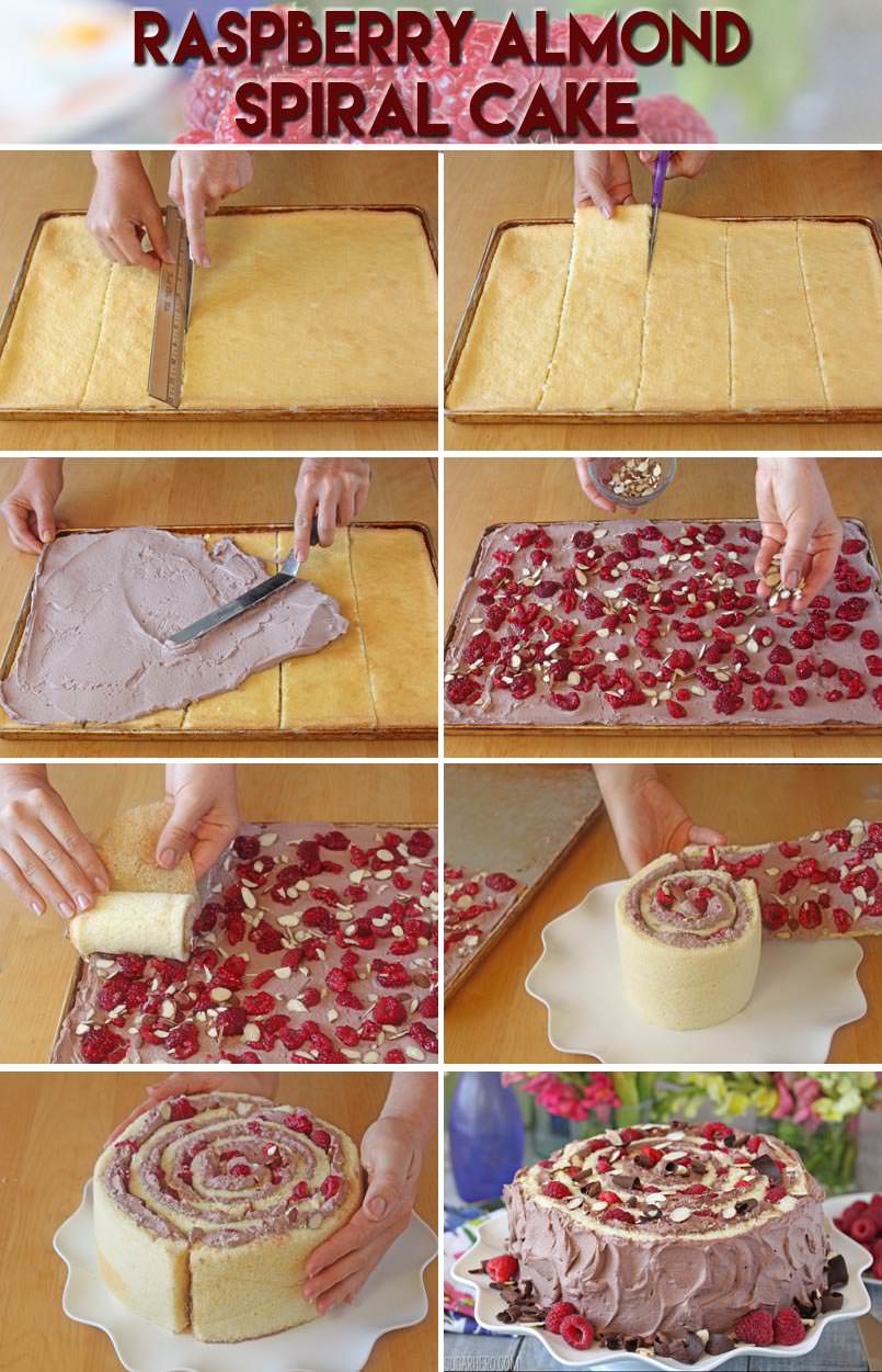 How to Make A Raspberry Almond Spiral Cake - almond cake, chocolate whipped cream, and berries, rolled into a spiral! | From SugarHero.com