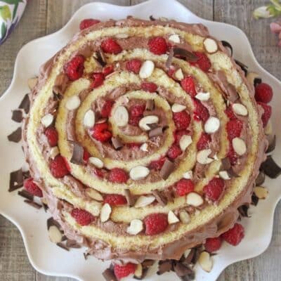 Top view of a Raspberry Almond Spiral Cake.