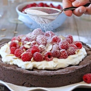 Chocolate Raspberry Almond Truffle Tart | SugarHero.com