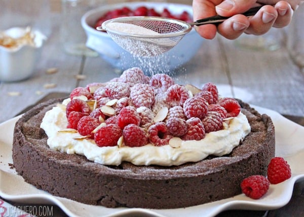 Chocolate Raspberry Almond Truffle Tart | From SugarHero.com