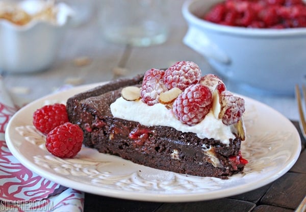 Chocolate Raspberry Almond Truffle Tart | From SugarHero.com