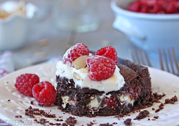 Chocolate Raspberry Almond Truffle Tart | From SugarHero.com