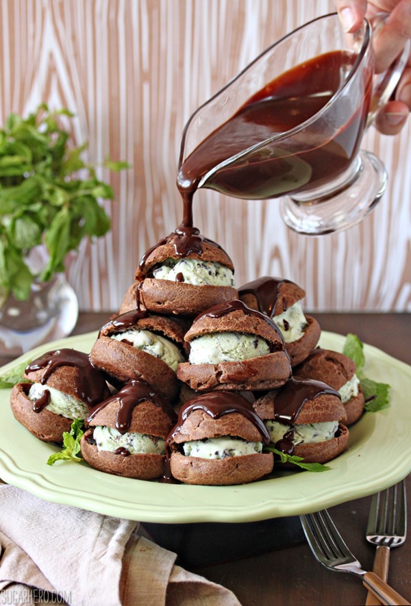 Chocolate Profiteroles with Fresh Mint Chip Ice Cream | From SugarHero.com