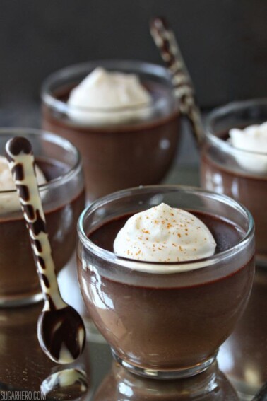Close up of Chocolate Chai Pots de Creme on a silver tray.