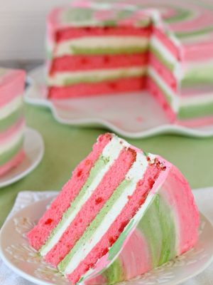 Slice of Spumoni Cake on a white plate.