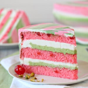 Slice of Spumoni Cake on a white plate.