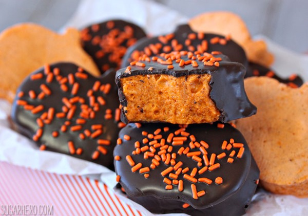 Chocolate-Dipped Pumpkin Marshmallows | From SugarHero.com