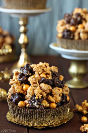Close up of a Double Caramel Popcorn Brownie on a gold wrapper.