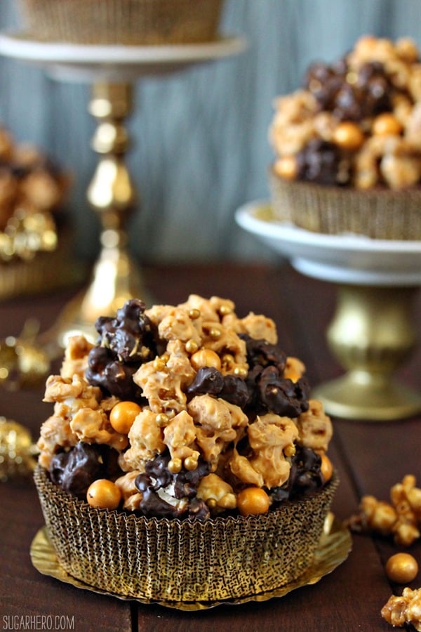 Double Caramel Popcorn Brownies | From SugarHero.com