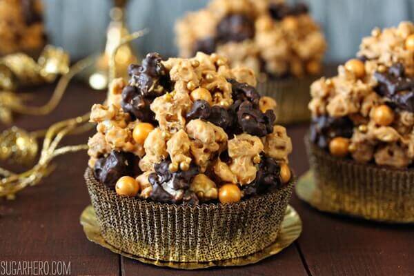 Double Caramel Popcorn Brownies | From SugarHero.com