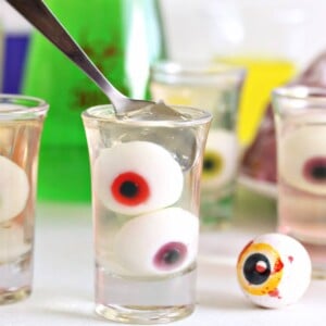 Jelly candy eyeballs suspended in clear gelatin.