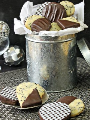 Black Sesame Shortbread Cookies in a silver canister.