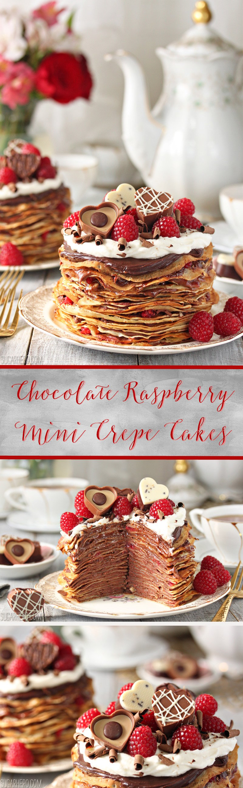 Chocolate Raspberry Mini Crepe Cakes - gorgeous mini cakes made with crepes, chocolate, and raspberries! | From SugarHero.com