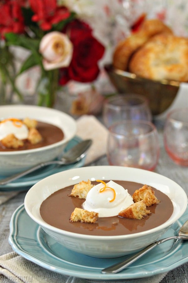 Chocolate Soup With Croissant Croutons and Whipped Creme Fraiche | From SugarHero.com Chocolate Soup With Croissant Croutons and Whipped Creme Fraiche | From SugarHero.com