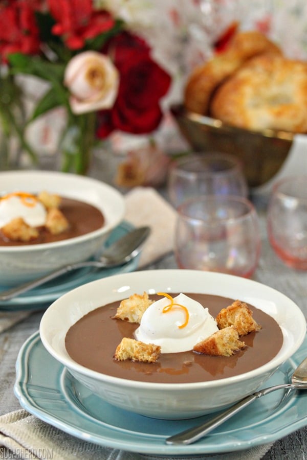 Chocolate Soup With Croissant Croutons and Whipped Creme Fraiche | From SugarHero.com