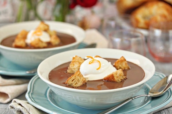 Chocolate Soup With Croissant Croutons and Whipped Creme Fraiche | From SugarHero.com